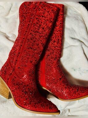 Glitz Red Crystal Embellished Heeled Western Boots
